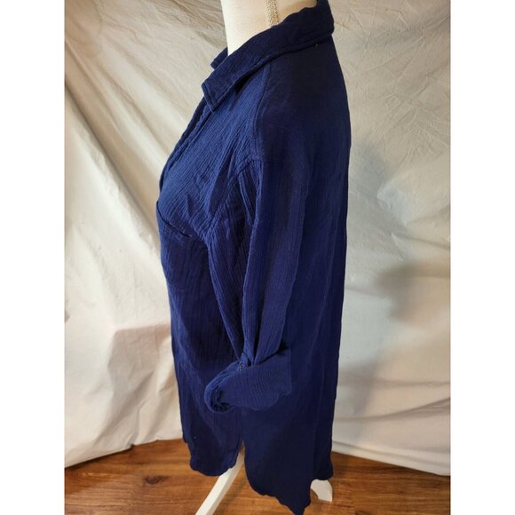 MIRACLESUIT Talbots sz M Beach Shirt Navy Blue Stripe TabSleeve Coverup - Picture 4 of 6